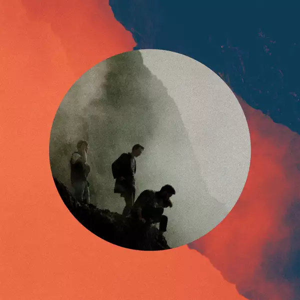 Black and white photograph of Wu Lyf in a circle surrounded by an orange and blue background