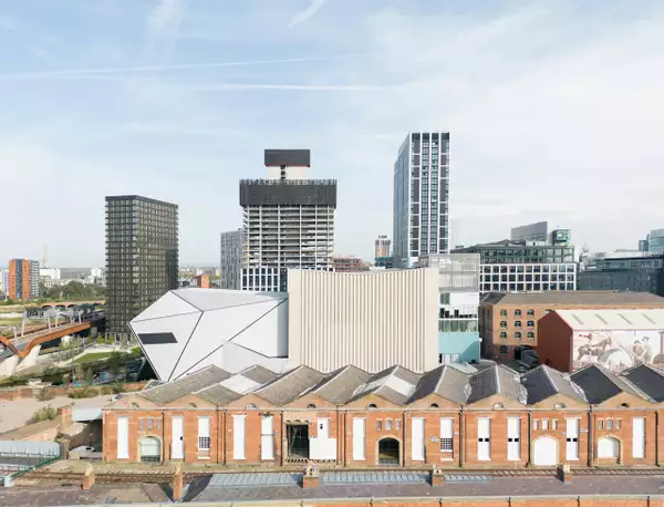 Aviva Studios and Manchester skyline viewed from a distance