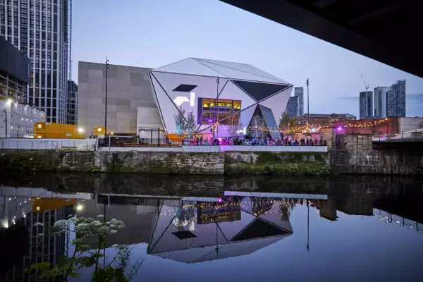 Festival Square at MIF23 at dusk lit up by fairy lights
