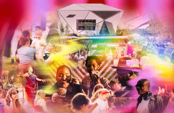 A vibrant collage shows people enjoying outdoor events, eating, kids playing, a live singer and food trucks in front of Aviva Studios, with colourful, bright light effects blending the scenes.