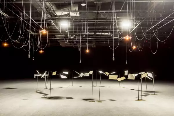 A photo of the exhibition space at Shilpa Gupta: You are the place
